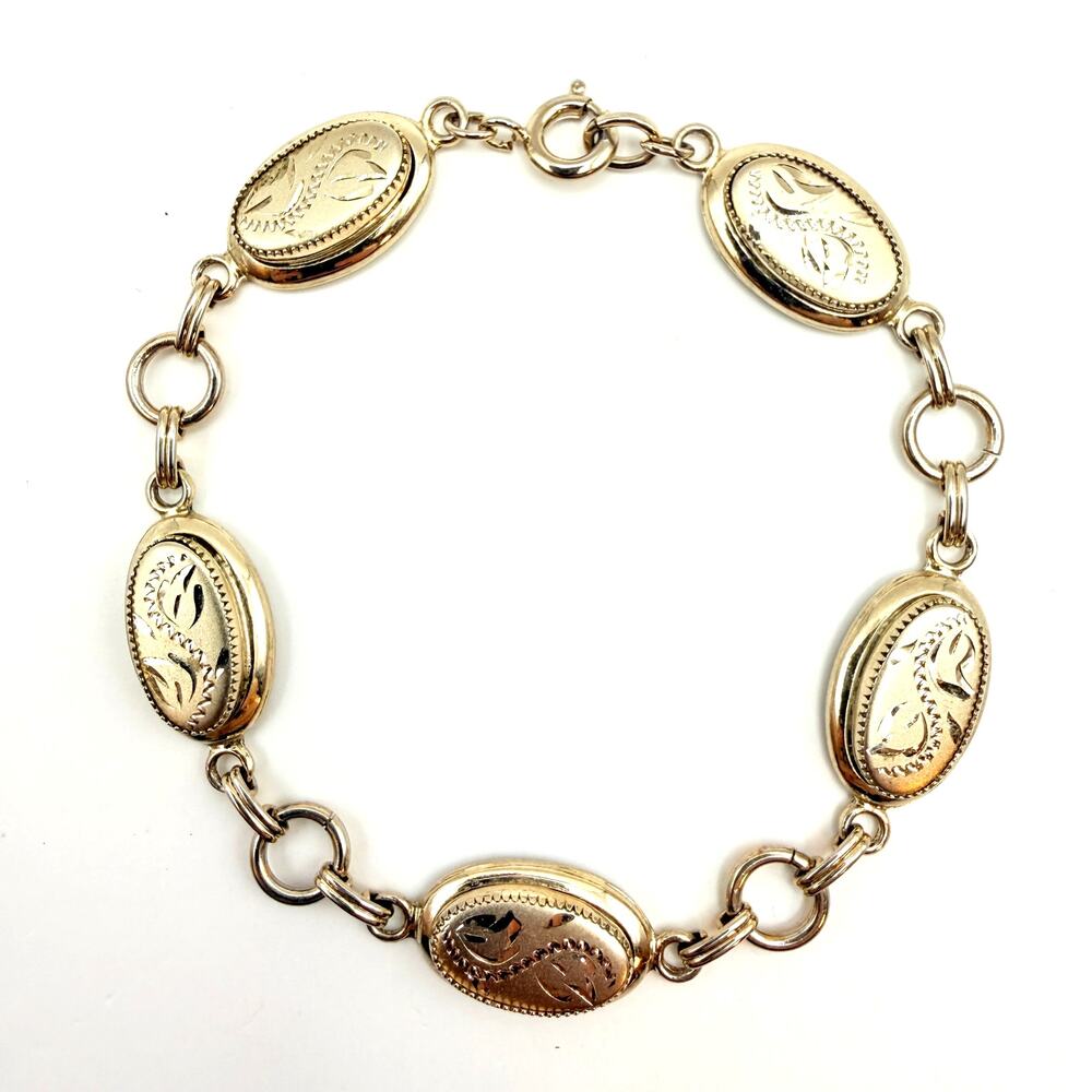 Vintage Mid-Century Silver Tone Floral Etched Oval Panel Chain Bracelet 7"